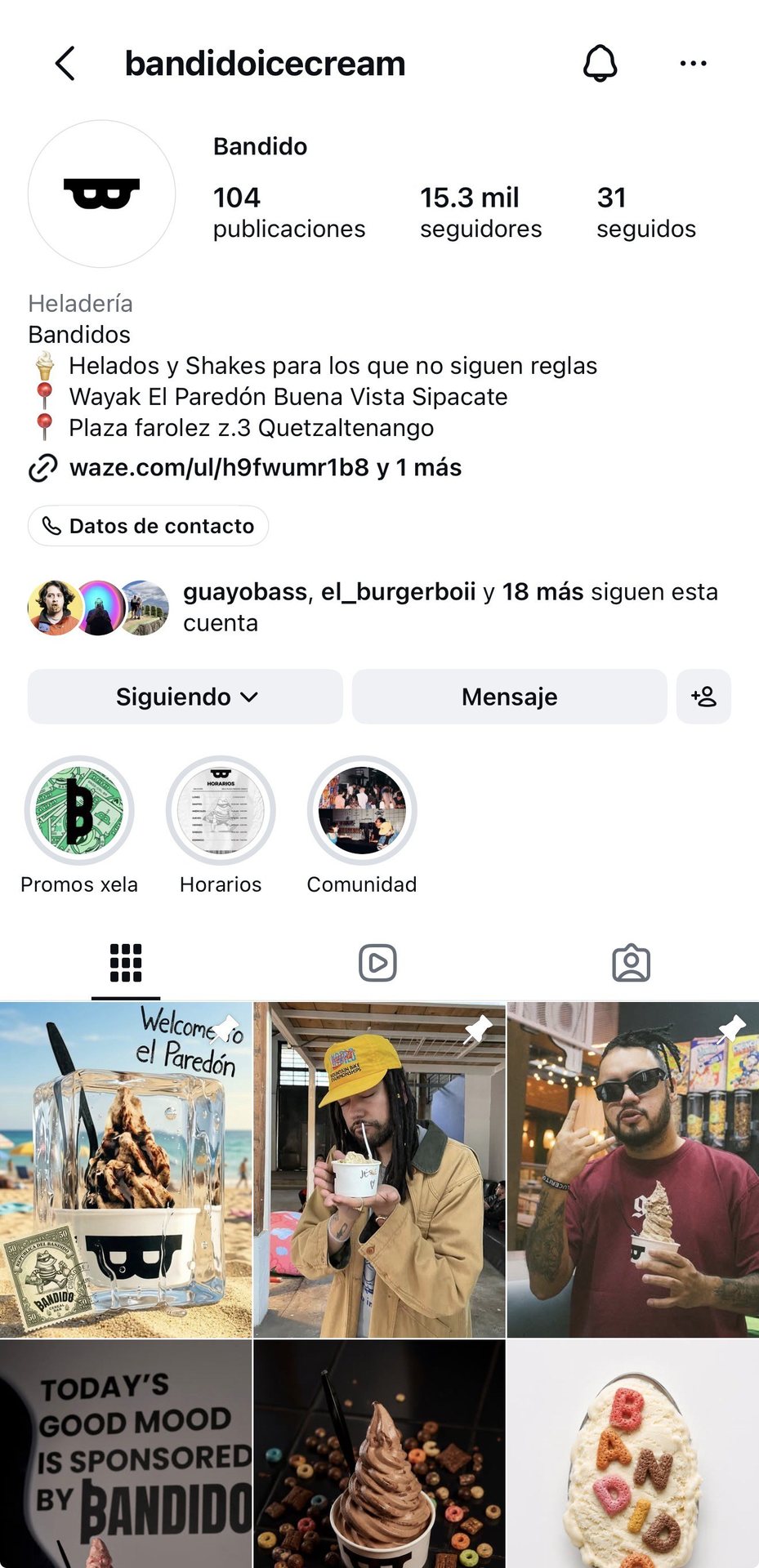 El perfil de Instagram de Bandido en un teléfono