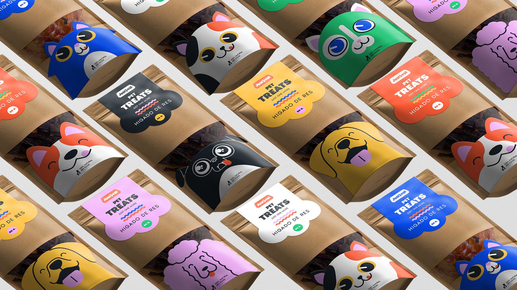 The JomJom packaging wall, sorted by color
