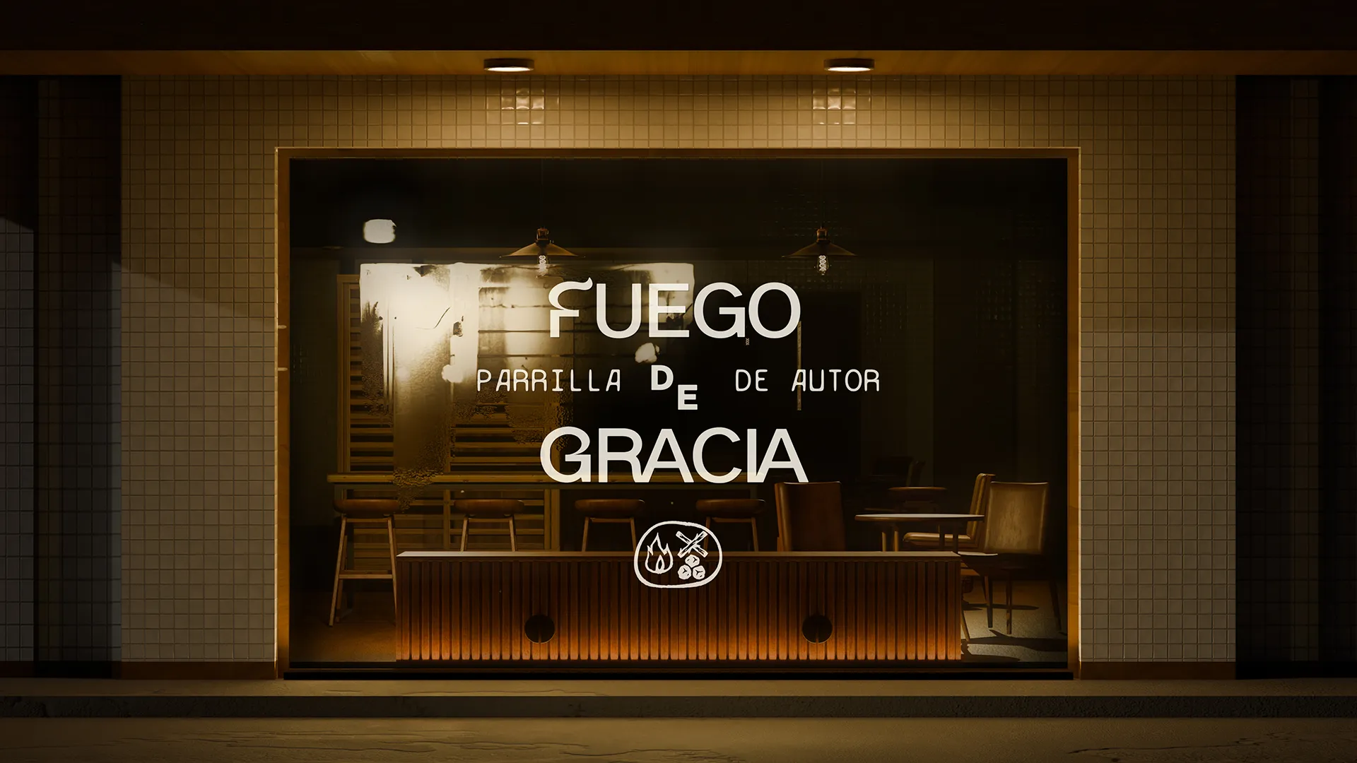 Fachada nocturna del restaurante con el letrero Fuego de Gracia iluminado