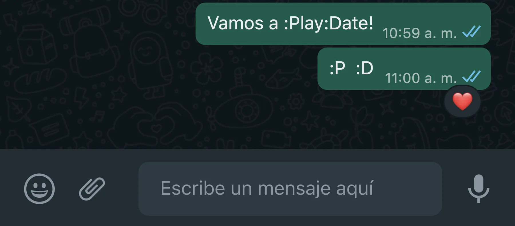 Conversación de WhatsApp: “Vamos a :Play:Date!” respondida con “:P :D”