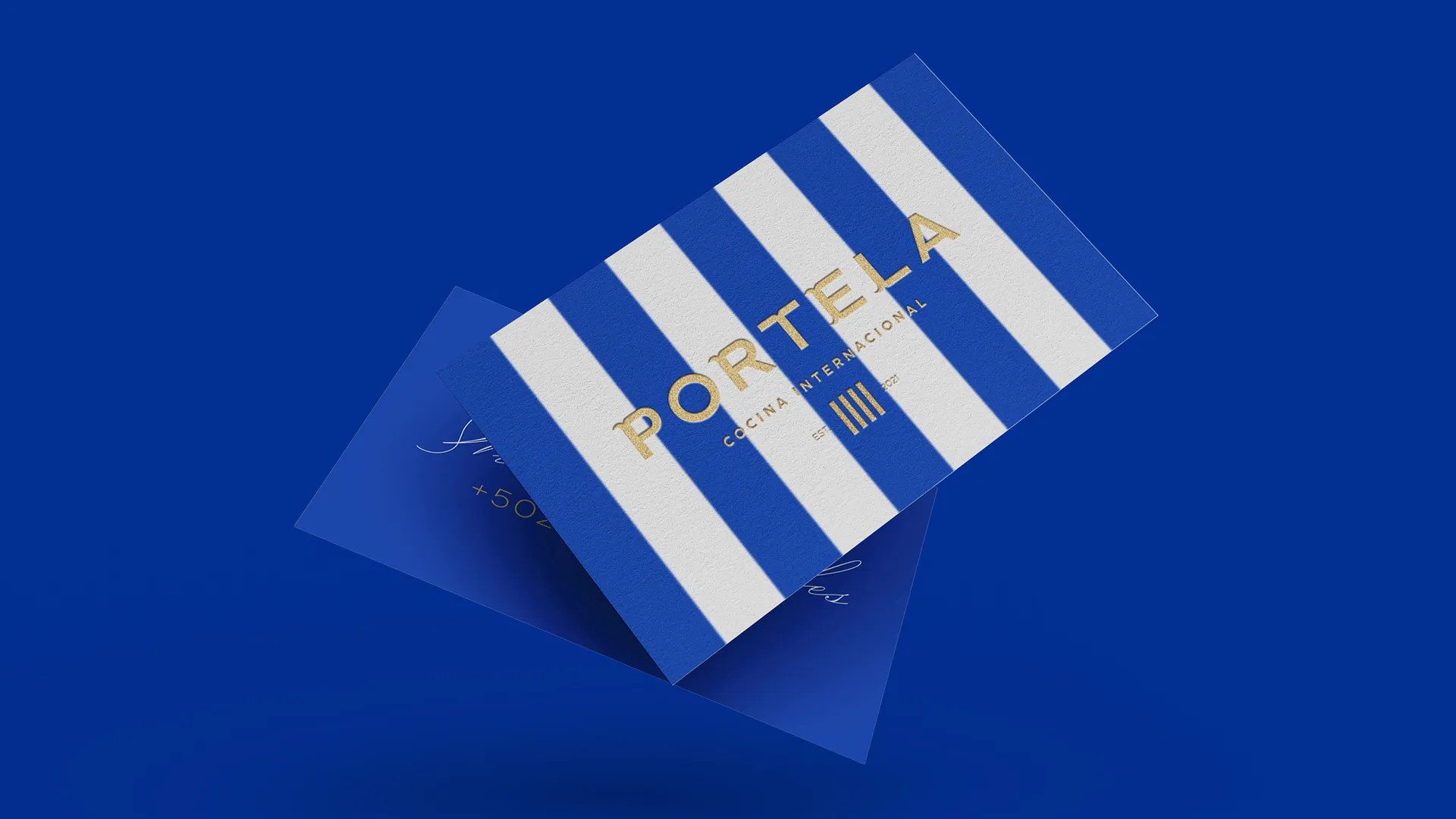 Business cards in blue and white stripes