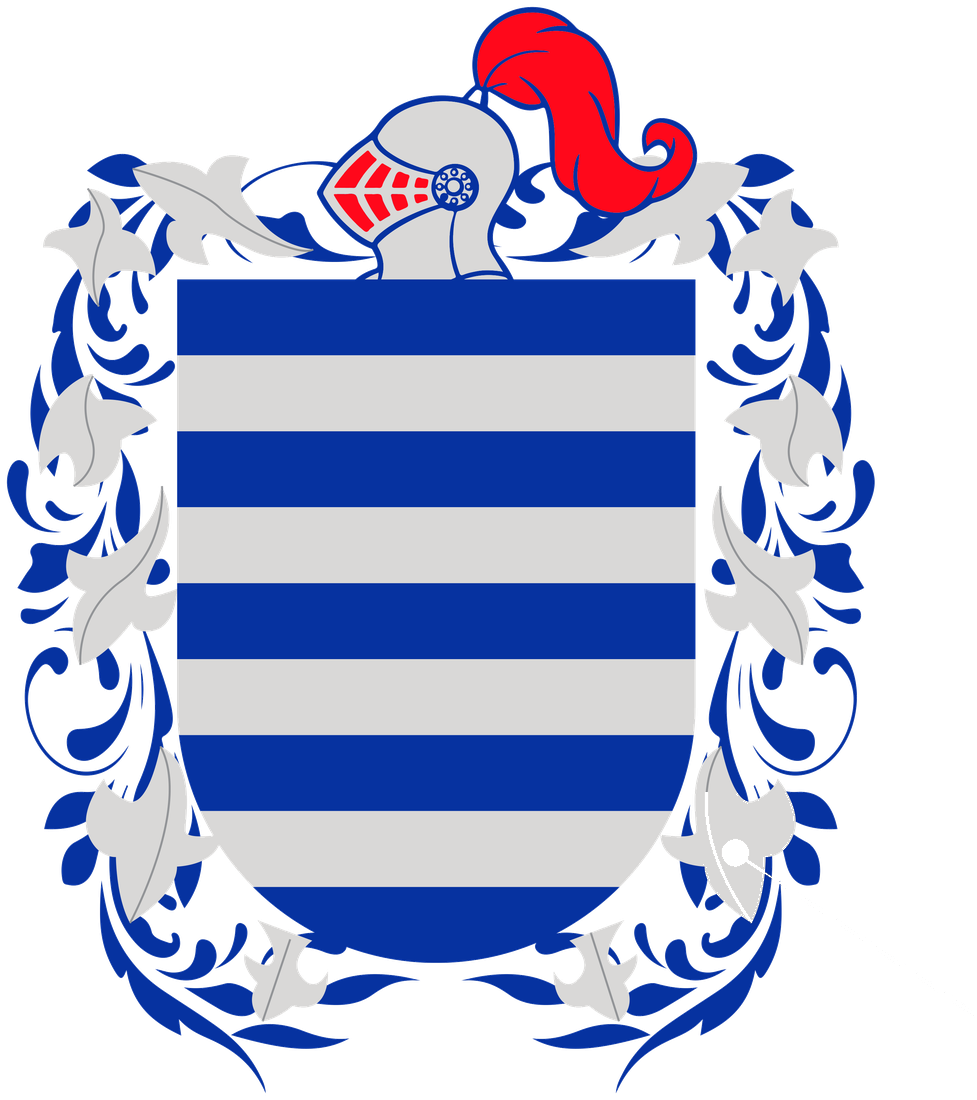Portela family coat of arms: blue and white stripes with a helm