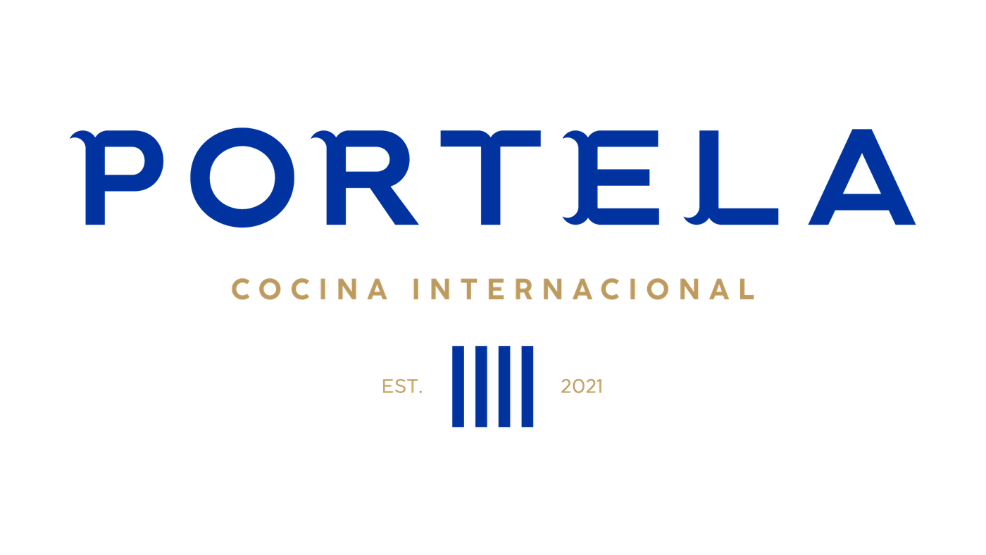 Full Portela lockup with International Cuisine, Est. 2021 and the four bars