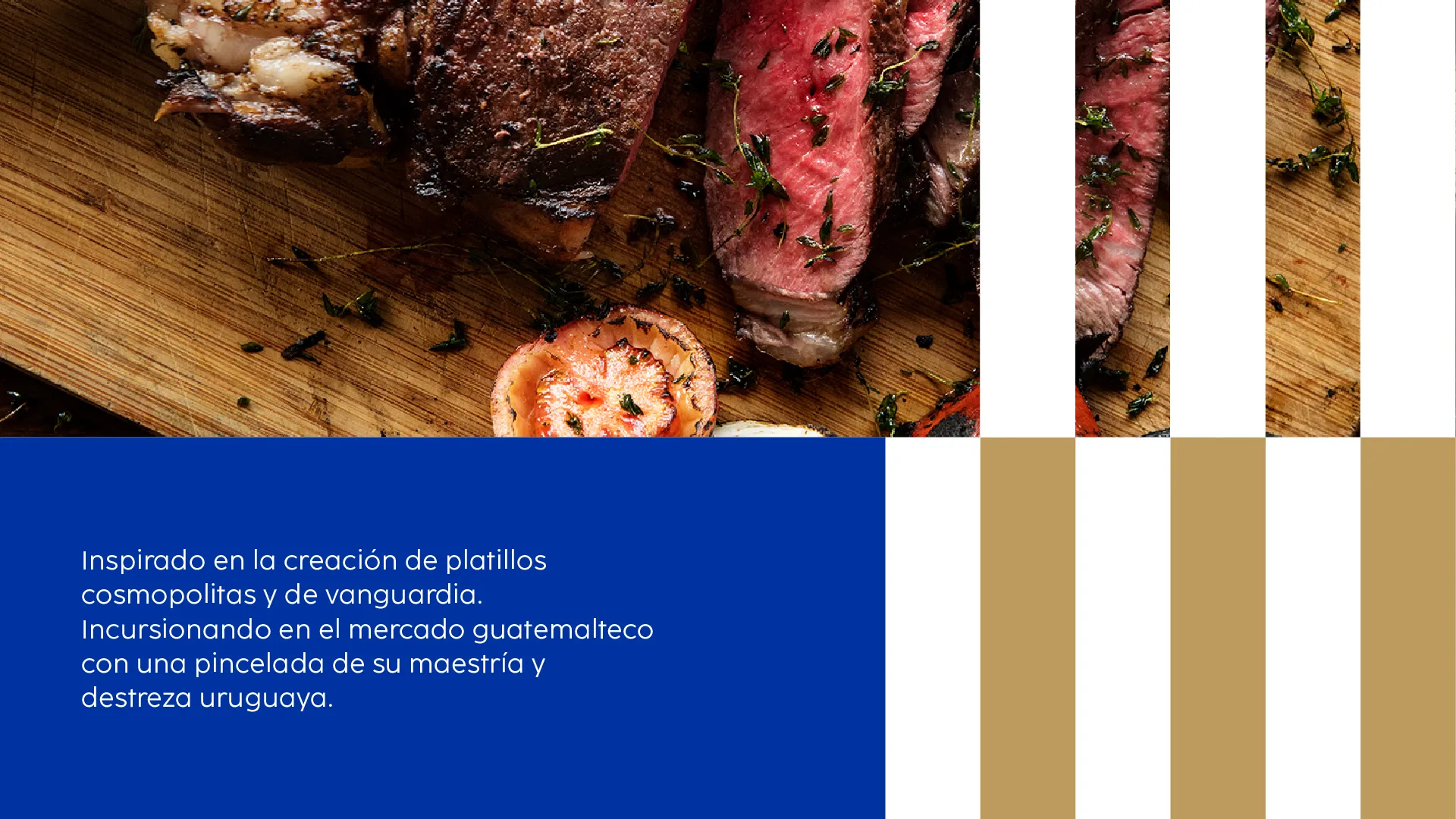 Grilled cut of meat on a board, with the brand's gold stripes
